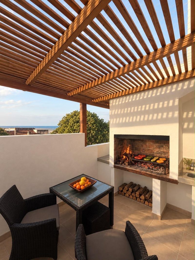 Parrillero techado del bungalow de un dormitorio, con la pérgola de madera y el mar de fondo